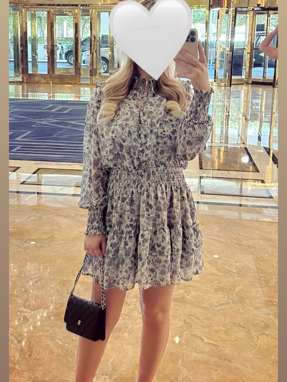 Smocked Waist Floral Long-Sleeve Mini Dress - blue